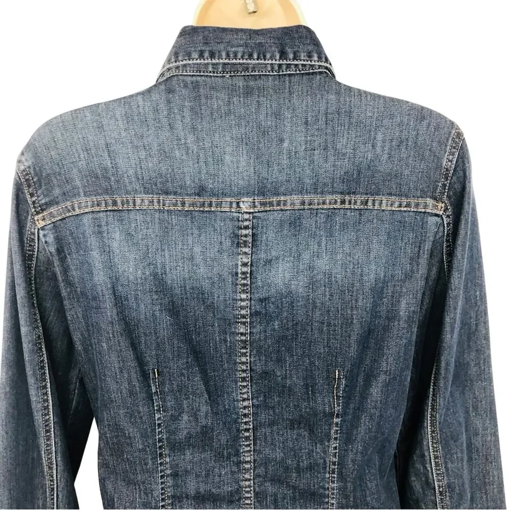 Chicos Size 0 Denim Snap Front Tunic Top Long Sleeve Western Style Bling Yoke